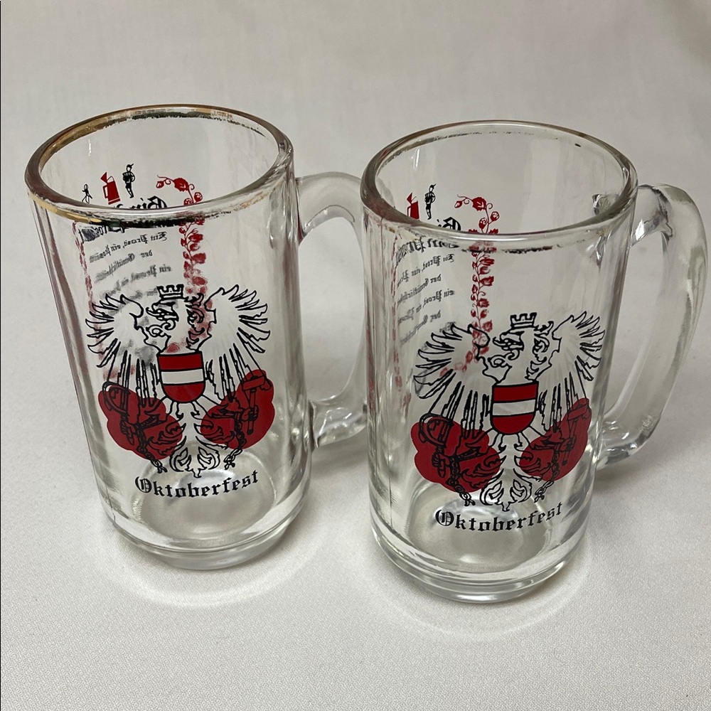 Vintage Octoberfest Glass Beer Mugs with Austrian Coat of Arms.